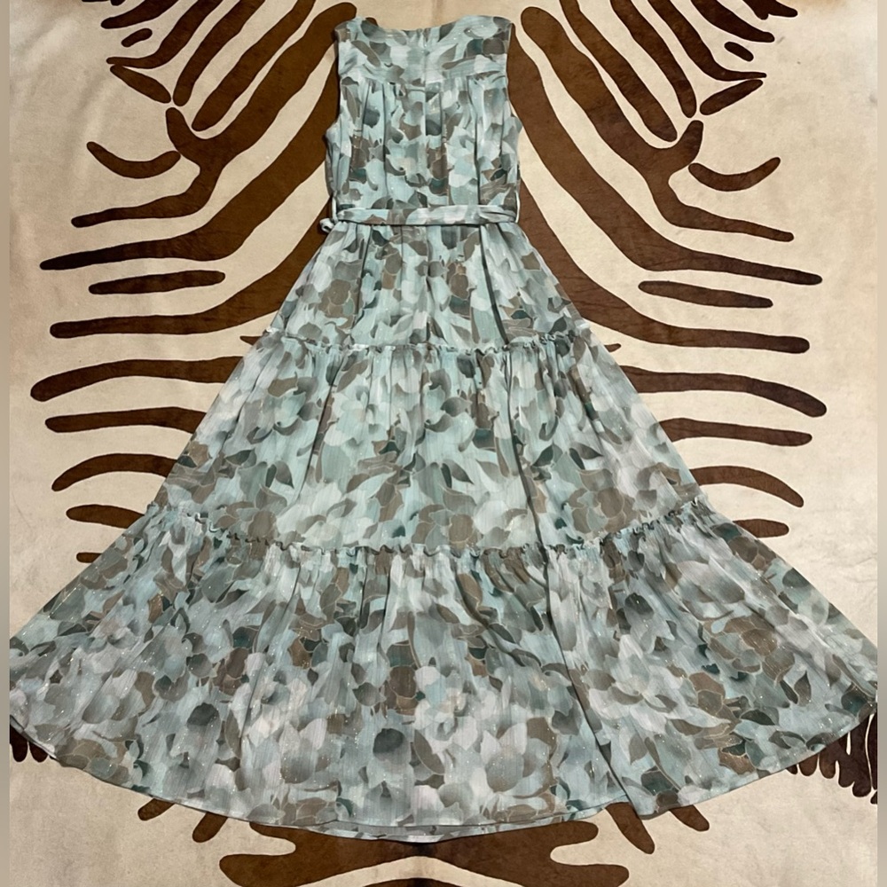 Calvin Klein Tiered Maxi Dress Sea Green Metallic Gold Floral Print Sz 6 - Picture 6 of 8